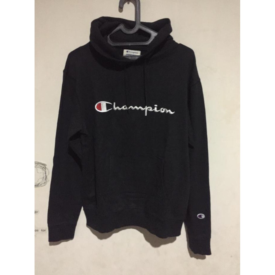 Hoodie Champion Script Logo Bordir Black (Original) Bnip .Deevagrosir.Olshop