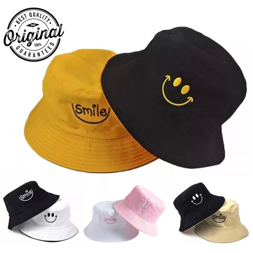 Trendy Topi bucket atau buckethat motif bordir smile