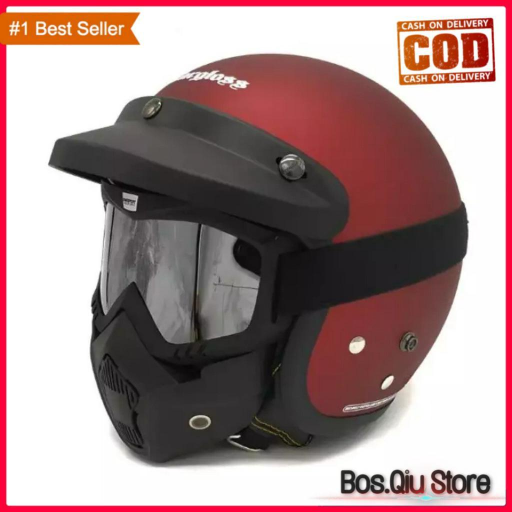 HELM BOGO CARGLOSS RETRO BIRU MAROON DOFF GOOGLEMASK