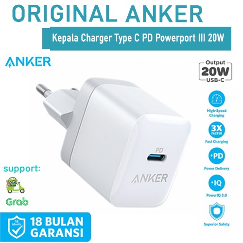 Anker Wall Charger PowerPort III 20W PD Adapter Handphone Iphone 11 12 Kepala Charger Travel Adaptor