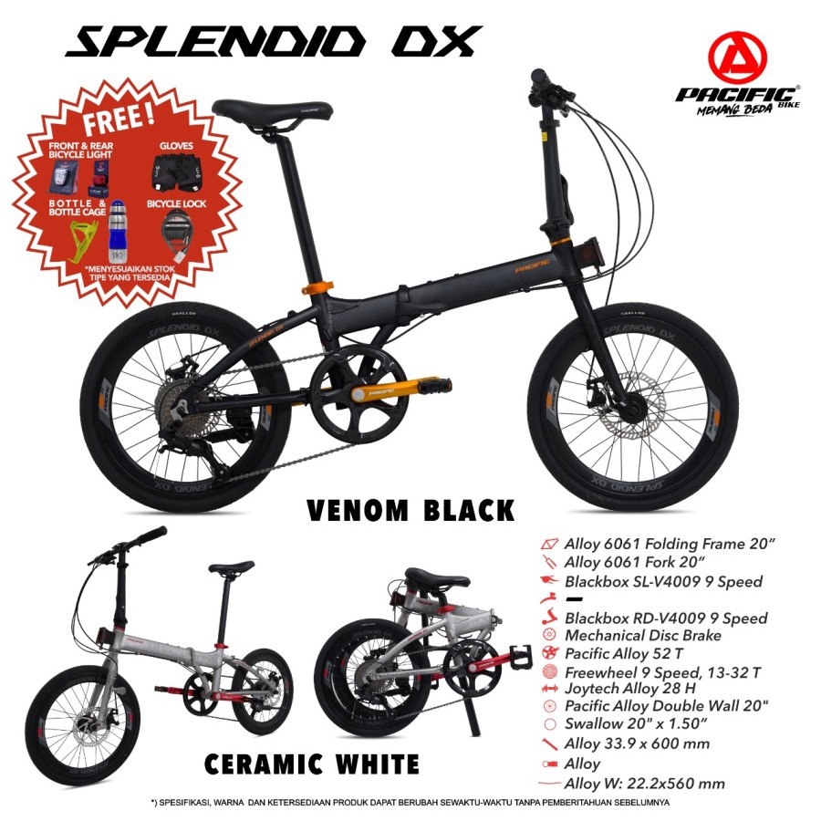 SEPEDA LIPAT PACIFIC SPLENDID DX 20” 9 SPEED FRAME ALLOY MECHANICAL DISC BRAKE BICYCLE FOLDING BIKE
