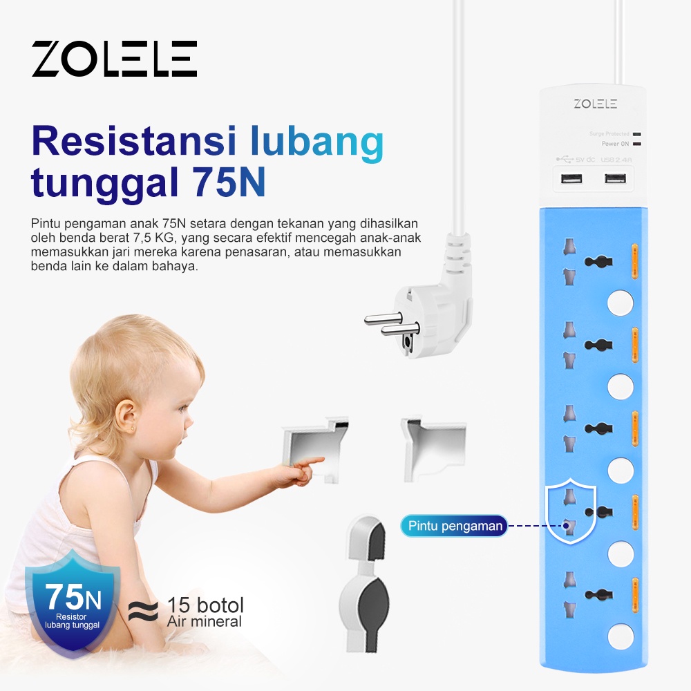 ZOLELE Stop Kontak Kabel 5 Power Socket 2 USB Charger Lubang Colokan Listrik Smart Power Strip 3M Soket Pengaman Lubang Saklar Timer Powerstrip ZK100