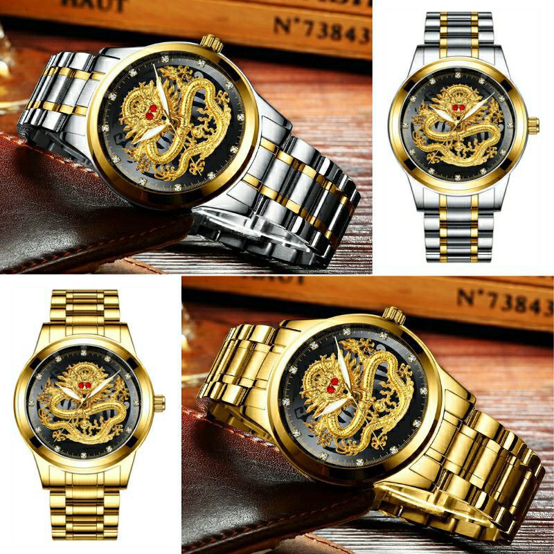 (COD) Jam Tangan Naga Pria Original Finite 100% Anti Air 3 ATM Stainless Steel Milenial Quartz Men Watch Motif Dragon 3D Gold Mewah [100% Original+30m Waterproof]