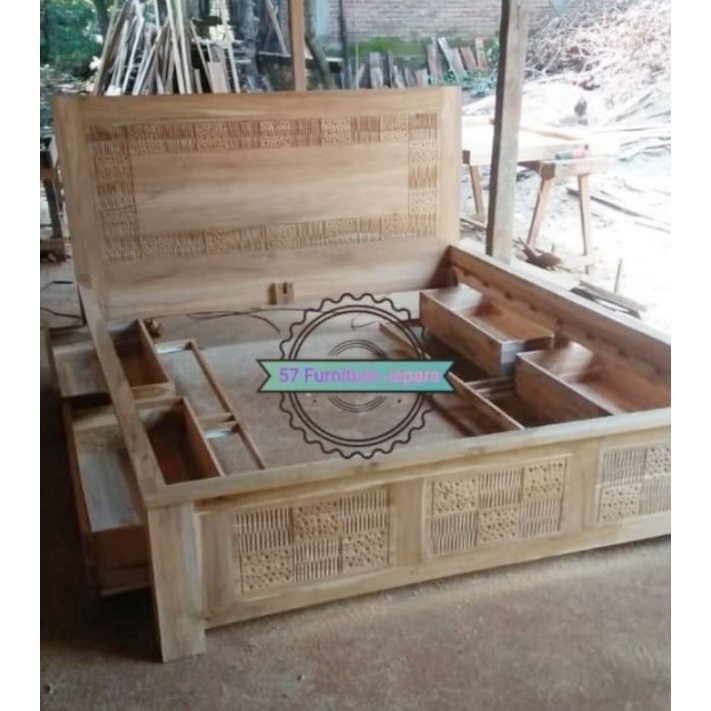 Ranjang Tempat Tidur Ukiran Jepara - Dipan Laci Jati Minimalis - Mentahan
