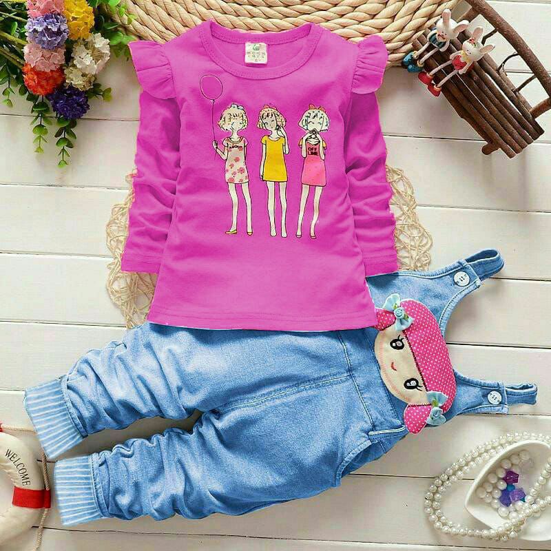 Setelan Anak Perempuan / Set Anak Usia 3-5 Tahun Celana bahan Denim  / Set Trio Kid