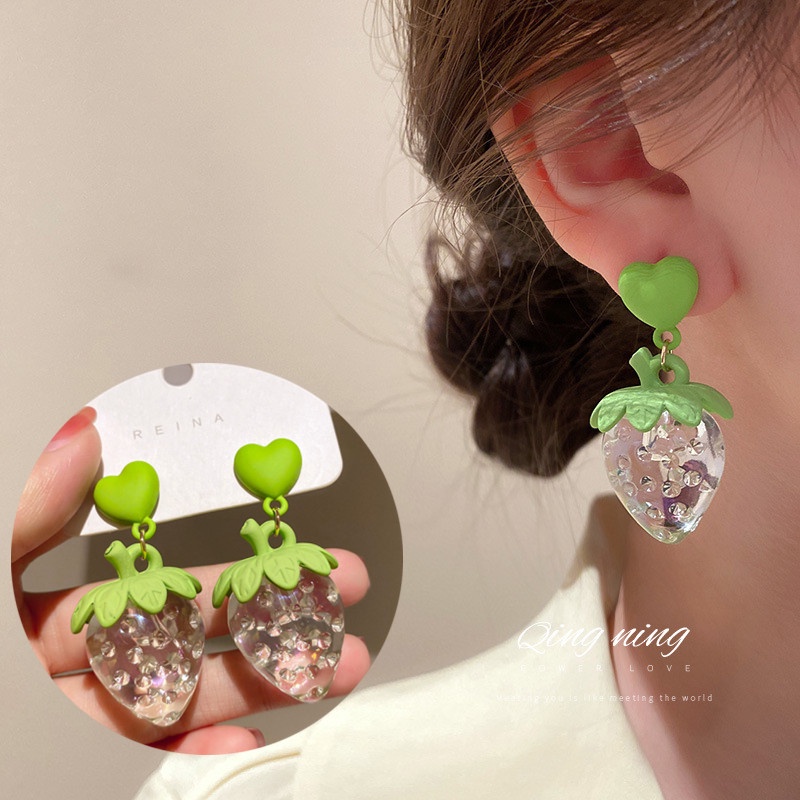 Korea 925 Silver Fashion Exaggerated Personality Green Love Strawberry Fresh and Sweet Earrings