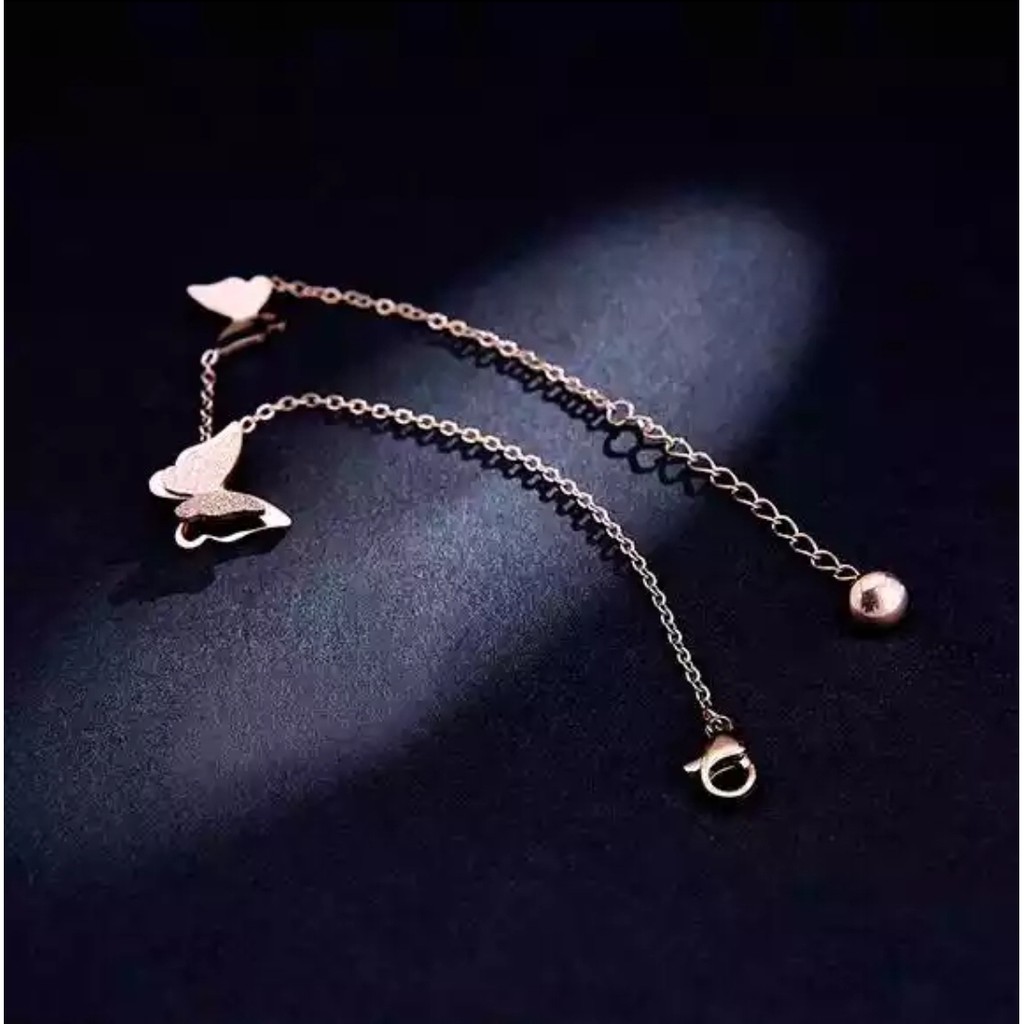 Gelang Tangan Titanium Aksen 2 Kupu - Kupu Warna Rosegold, Gold dan Silver