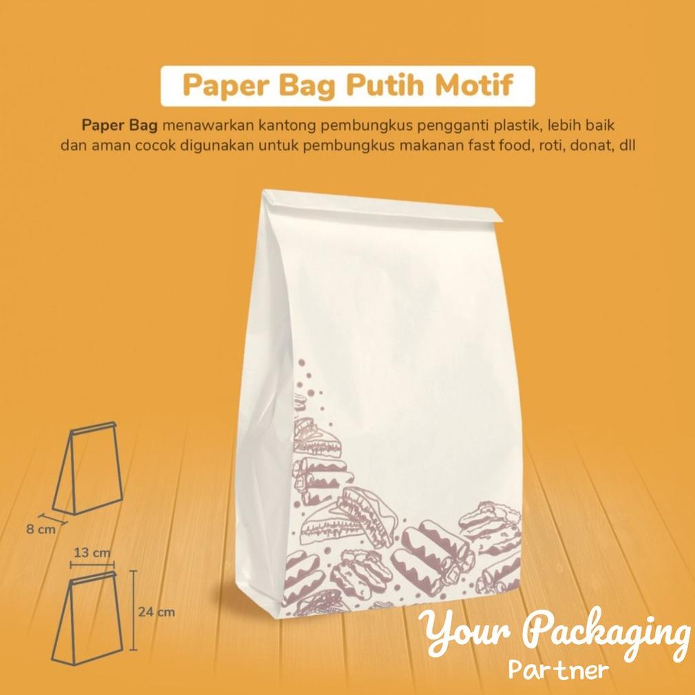 

(Isi 100) Paper Bag Grade / Kantong Kertas 13X25X8 Paper Bag Putih / Kraft Bag Pembungkus Gorengan