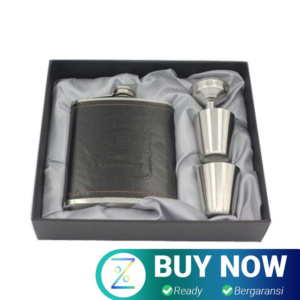 Botol Bir Hip Flask Stainless Steel Leather dengan Shot Glass 7Oz - Bl