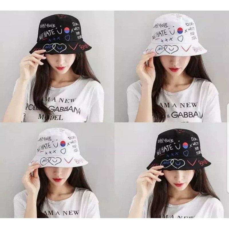 TERMURAH TOPI BUCKET HAT KOREA LAKI CEWE SABLON BADAS BOLAK BALIK PANTAI FISHERMAN-BADAS PUTIH