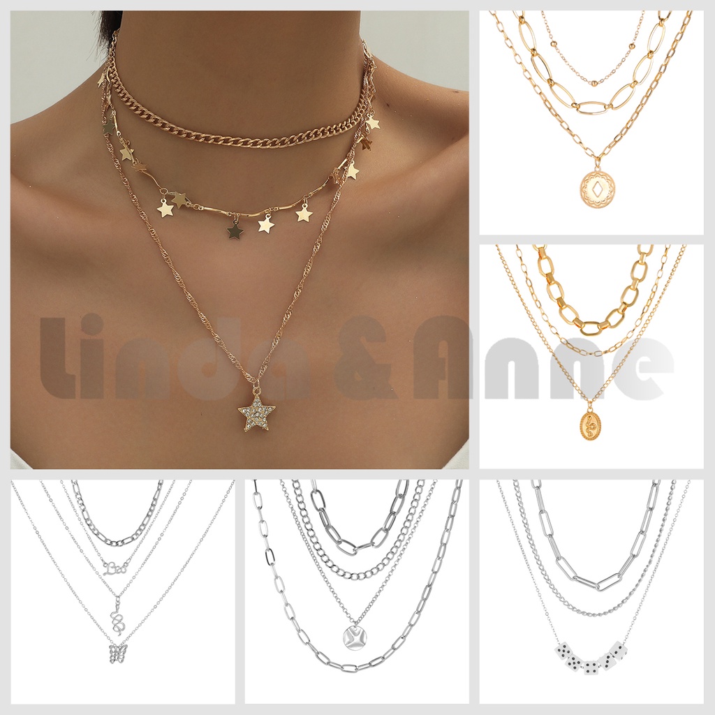 Kalung Choker Rantai Multilayer Warna Emas Aksen Mutiara Gaya Vintage Untuk Wanita