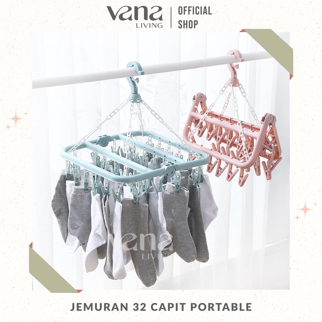 Vana Jemuran Baju Jepitan Pakaian Bayi 32 Capit untuk Jepit Kaos Kaki Celana Dalam Bra Lipat Portable Gantung