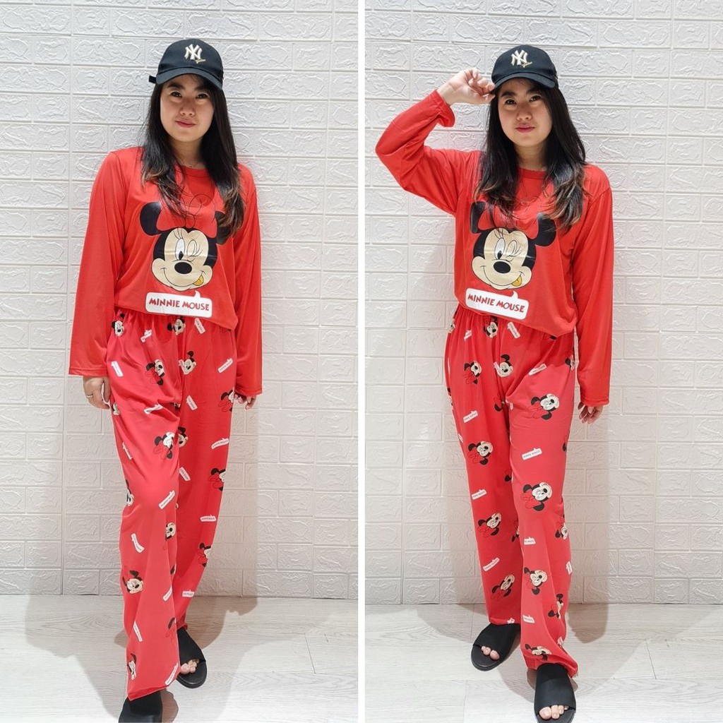 3527 kaos pajamas long red mouse one set import big baju tidur