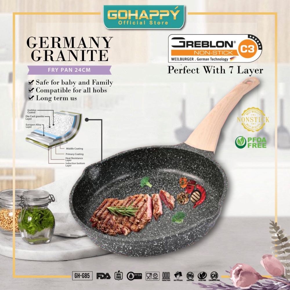 GERMANY GRANITE Gohappy Fry Pan 24cm GH-G85 asli German Greblon C3 Wajan Penggorengan granit