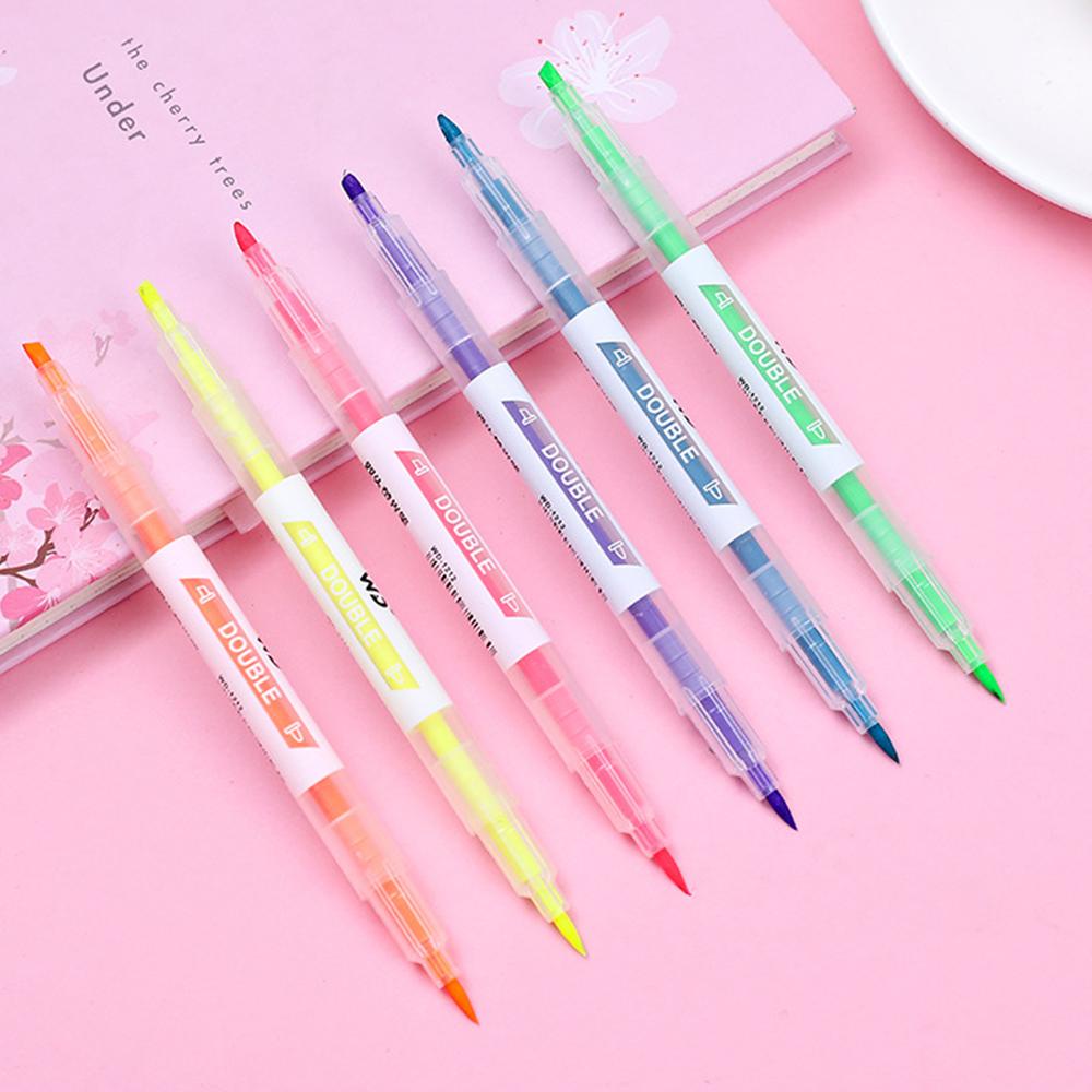 Timekey 3 / 6 Pcs Spidol Highlighter Dua Sisi Warna-Warni Untuk Sekolah / Kantor W8Y1