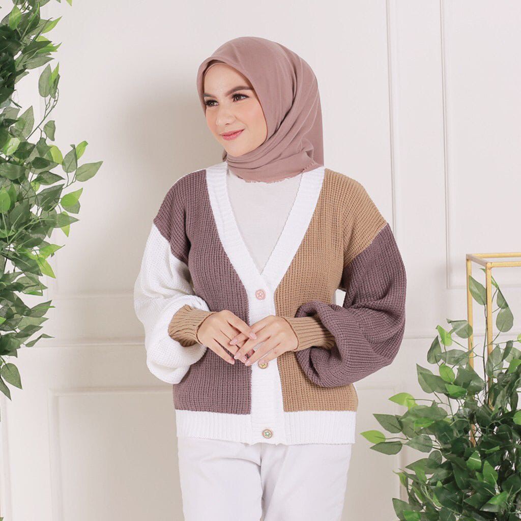 zelline official cardigan rajut outerwear knit mix twist warna kombinasi