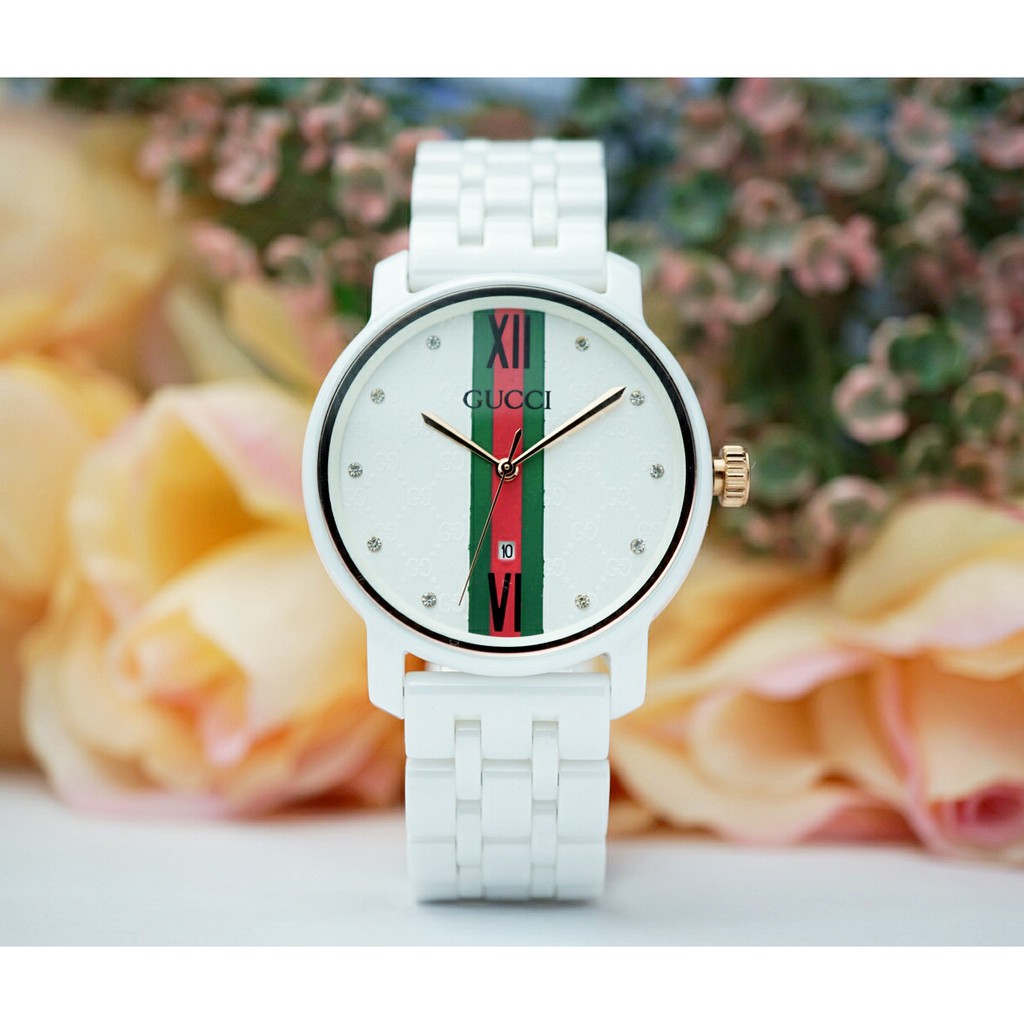 Jam Tangan Wanita Gucci Keramik Tanggal Romawi Tali Rantai Keramik
