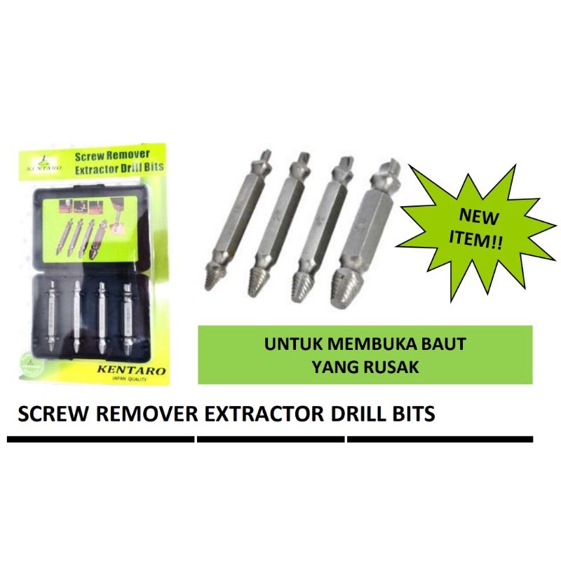 MATA OBENG / ALAT MEMBUKA BAUT YANG RUSAK 4PCS/SET / EXTRACTOR DRIIL BITS. KENTARO