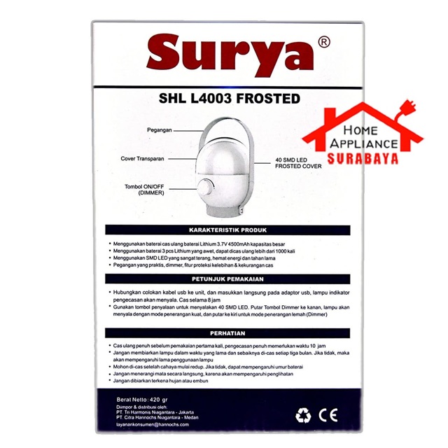 Lampu Darurat Emergency Petromak Surya 40 SMD LED Frosted SHL L4003 L 4003 Dengan Dimmer Tahan 8 Jam