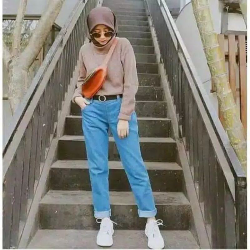 CELANA BOYFREIND PLAIN JEANS WANITA // FREE BELT/BOYFREIND POLOS