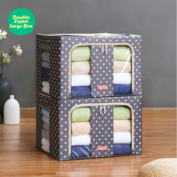 Double Zipper Large Box 66L GREY POLKA kotak penyimpanan serbaguna storage box kotak pakaian bedcove