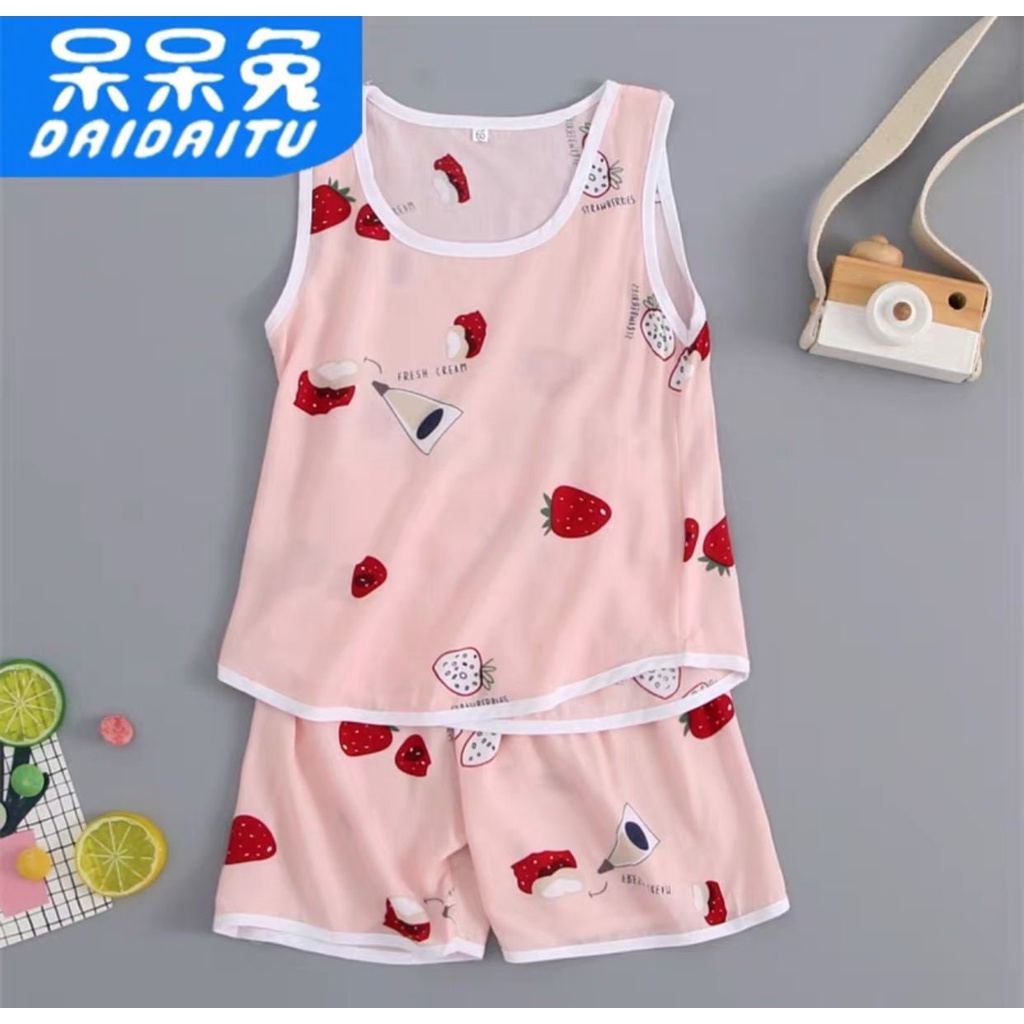 Promo !! Setelan anak perempuan import/Pakaian anak perempuan adem/Setelan fresh cream strawberry uk  3-4th