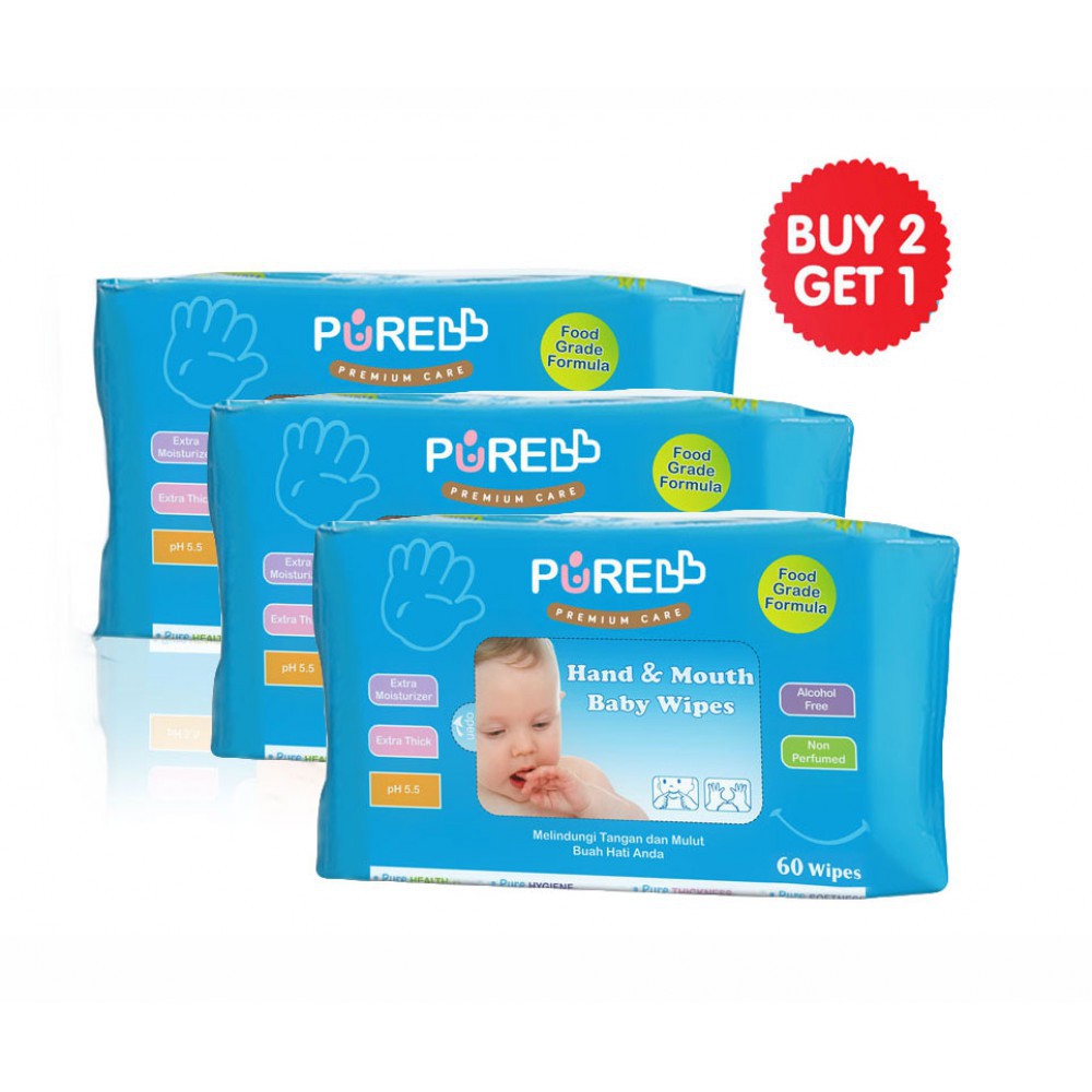 Pure BB Baby Hand &amp; Mouth Wipes 60's Aloe Vera Buy 2 Get 1 FREE