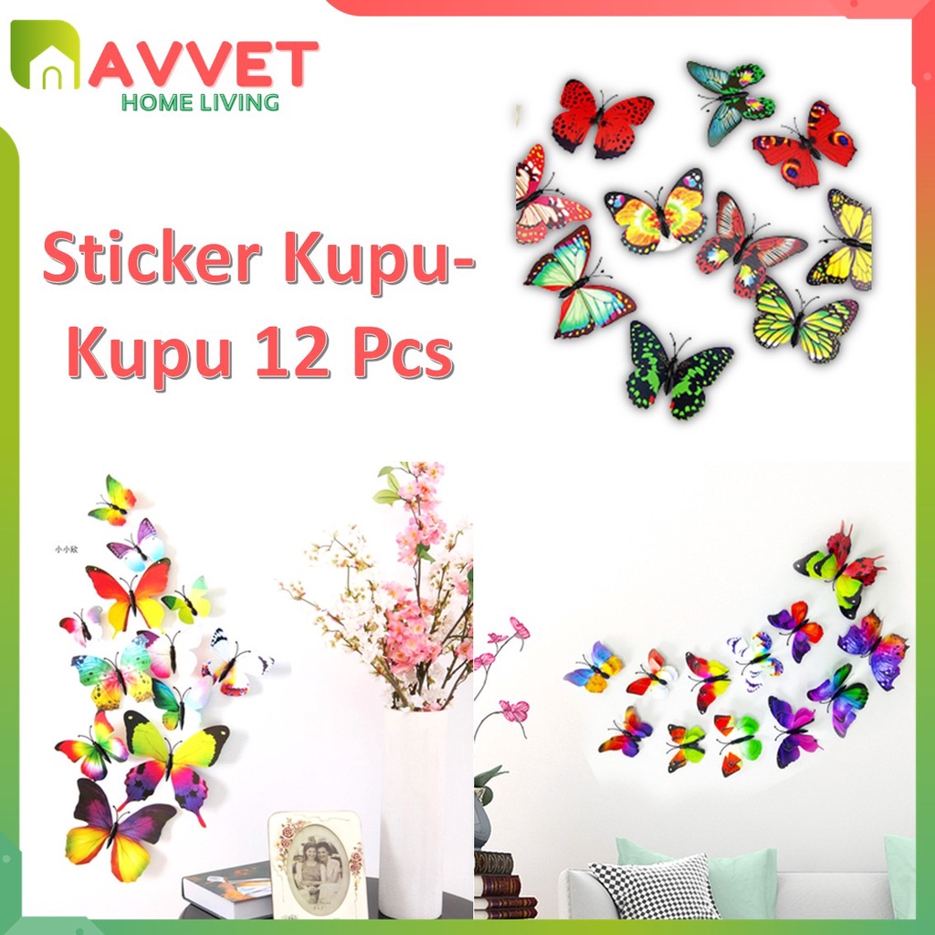 AVVET Stiker Dinding 3D Motif Kupu - Kupu / Wall Sticker 12pcs Butterfly PVC / Dekorasi 12 in 1