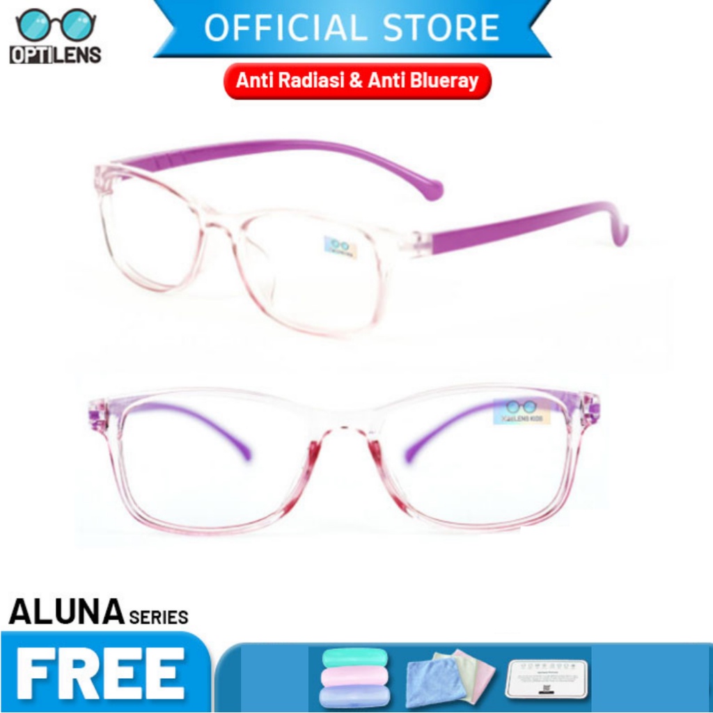 Optilens - Aluna Series Kacamata Anak Anti Radiasi Hp Komputer Antiradiasi Frame Elastis-Ungu Transparant