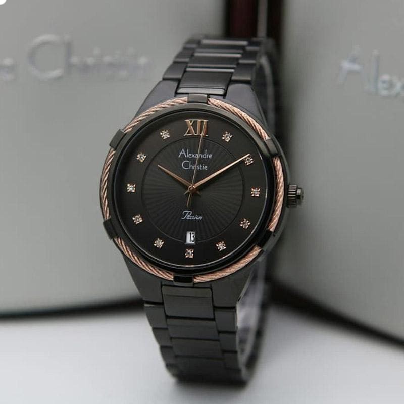 JAM TANGAN WANITA ALEXANDRE CHRISTIE AC 2842 AC2842 BLACK ROSEGOLD ORIGINAL Stainless Steel