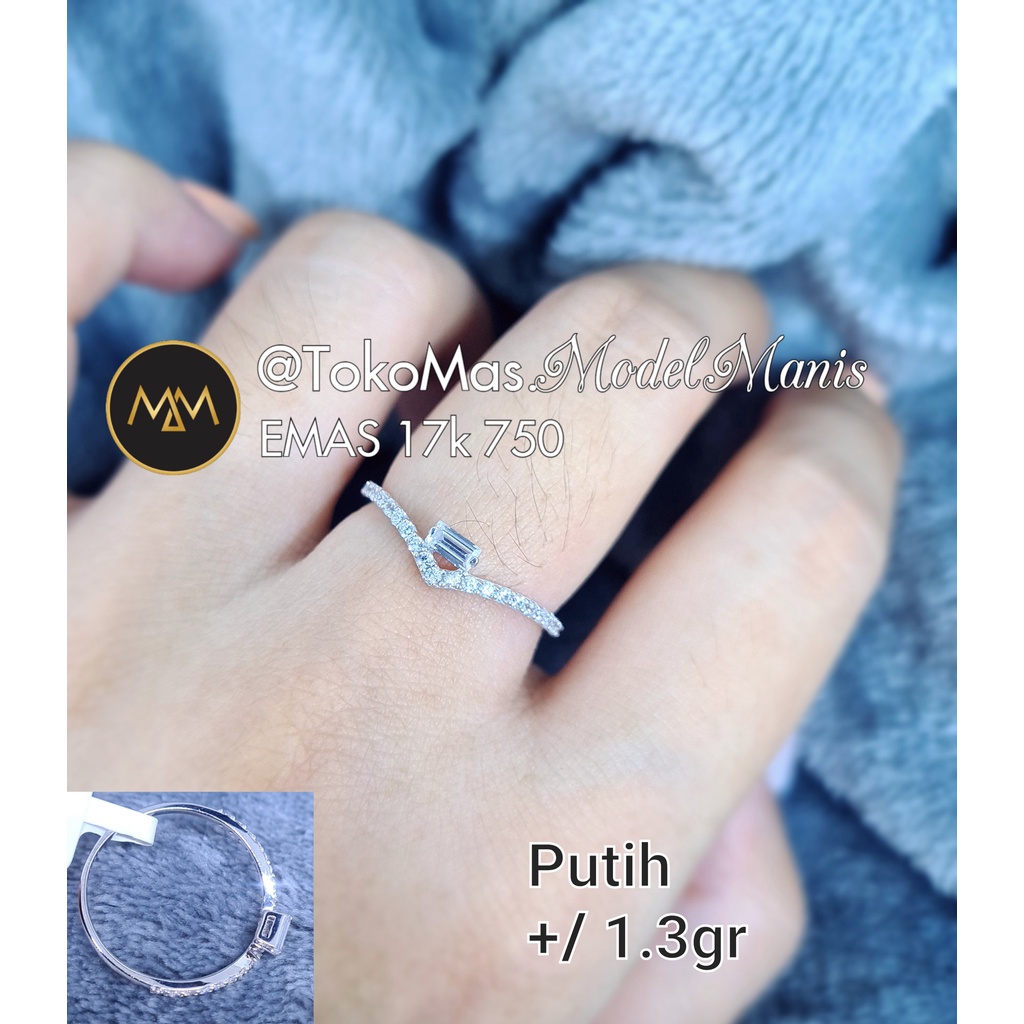 Cincin listring V batu Baguette emas rosegold dan putih 750 kadar 17k
