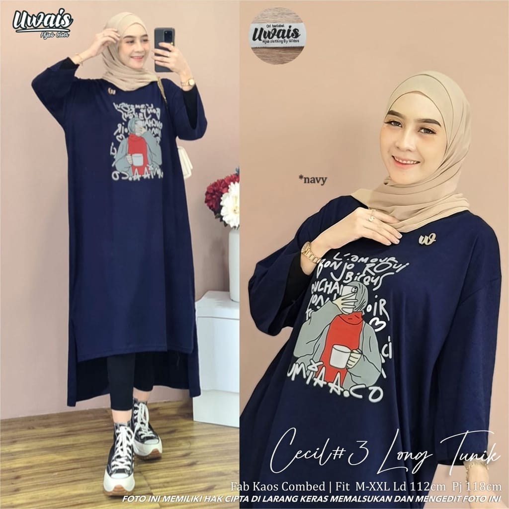 Pakaian Wanita Terbaru Cecil Long Tunik Matt Combed Aplikasi Sablon Baju Kaos Wanita Jumbo Midi Dress Muslim Tunik Panjang