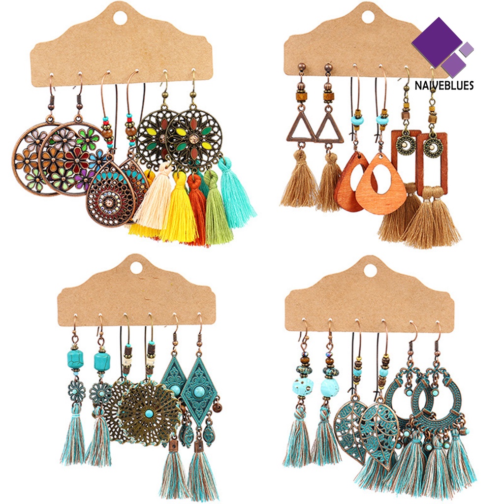 Naiveblue 3 Pasang / Set Anting Tusuk Gantung Wanita Desain Geometri + Rumbai Gaya Bohemian Untuk Hadiah