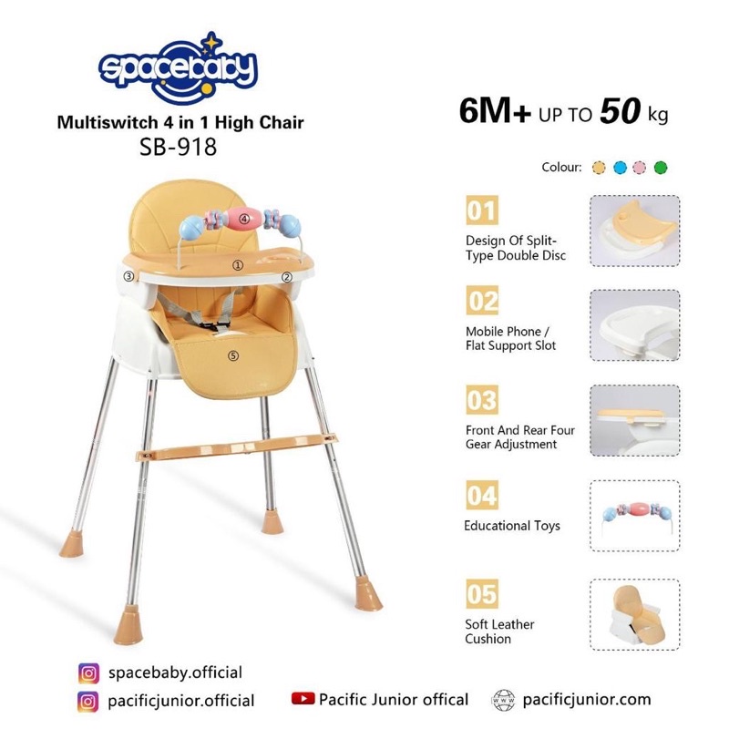 SPACE BABY HIGH CHAIR 4IN1 SB-918 /KURSI MAKAN BAYI SPACE BABY SB-918