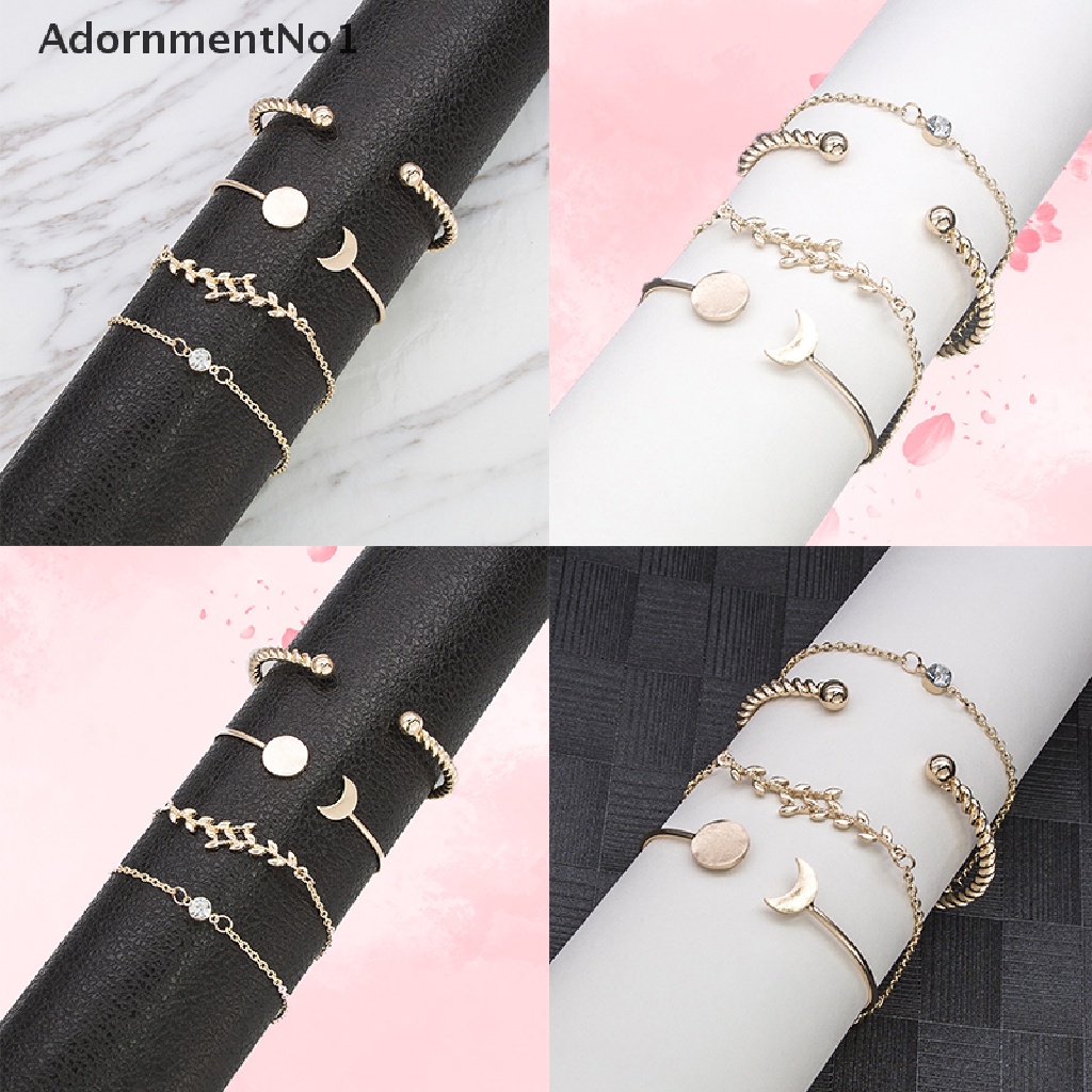 (AdornmentNo1) 4pcs / Set Gelang Tangan Alloy Gaya Bohemian Motif Daun + Bulan + Kristal Untuk Perhiasan Wanita, Handmade