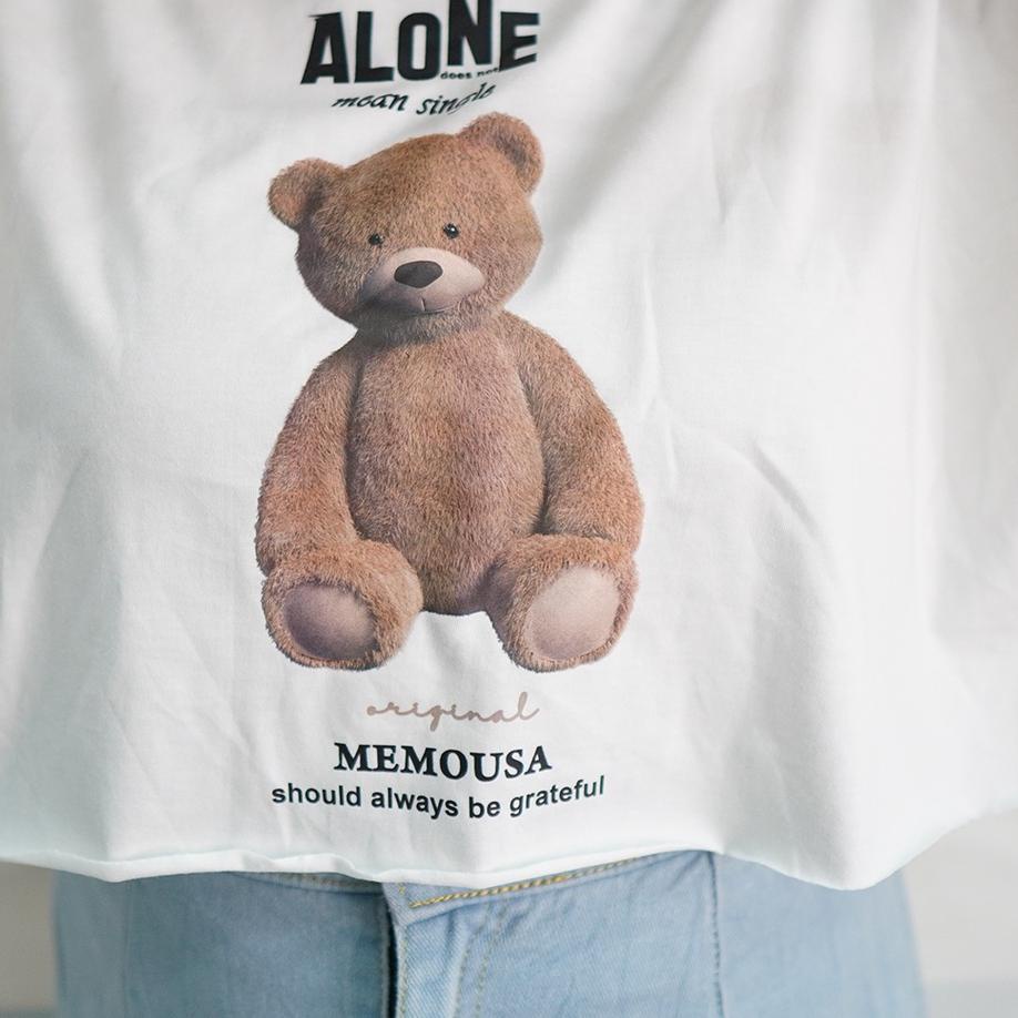 Terbaru.. memousa Crop Top white teddy bear alone series  Long Sleeve Atasan Crop Wanita