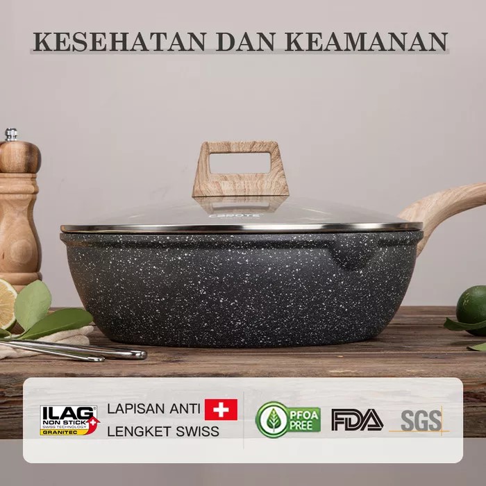 Carote Wajan Penggorengan Kayu Non-stick Essential dengan Tutup wokpan