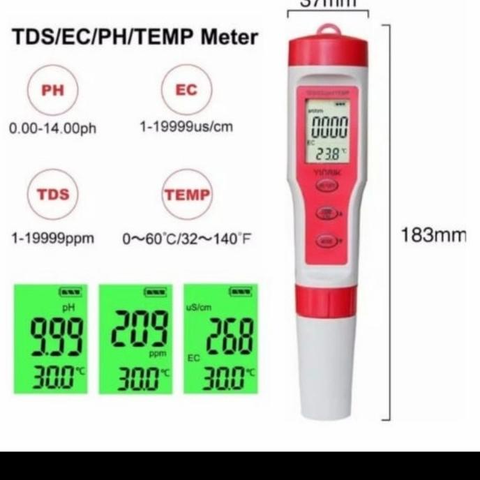 Tds+Ec+Ph Meter Dan Temperatur Auto Kalibrasi Dan Waterproof Ez-9908