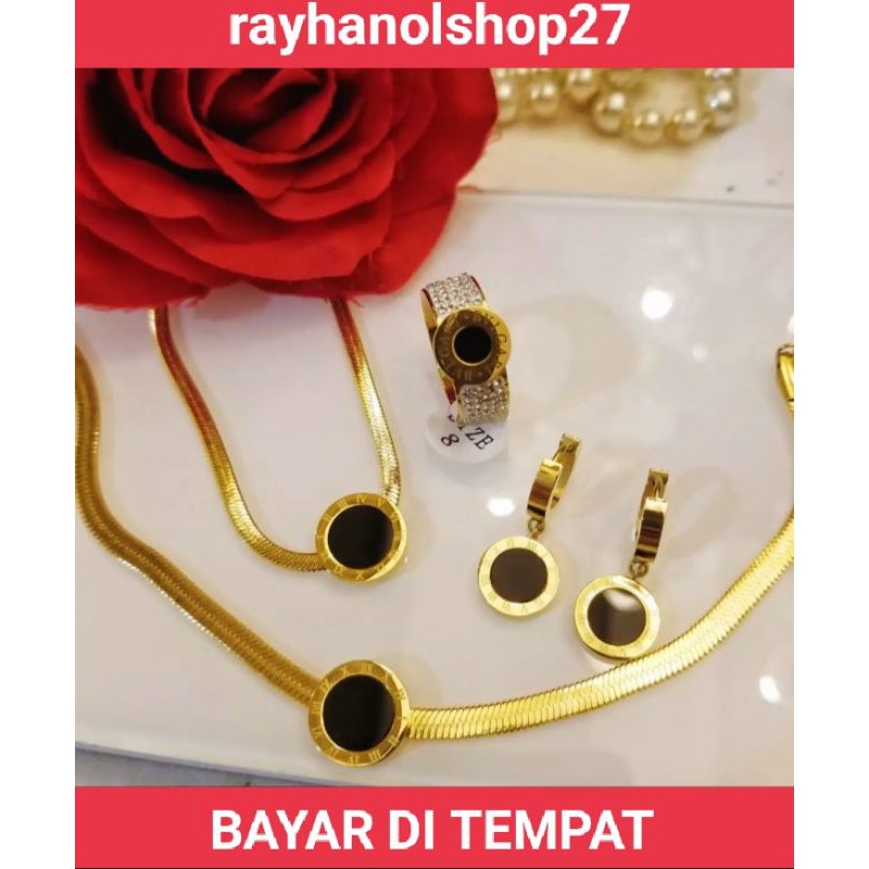 SET PERHIASAN TITANIUM GOLD LENGKAP MOTIF BATU HITAM ZIRCON LAPIS EMAS ANTI PUDAR