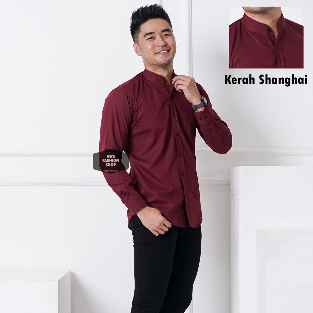 Kemeja Pria Lengan Panjang Polos Merah Maroon Kerah Shanghai Slimfit Casual Kerah Koko