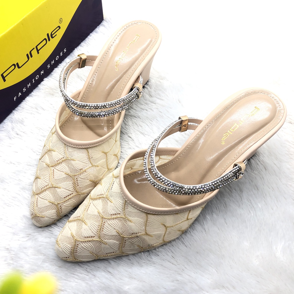 Sendal Heels Brukat Purple Elsa Shoes