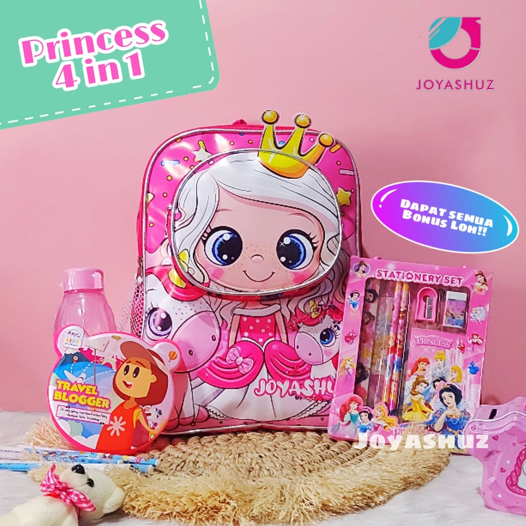 Tas Sekolah Anak Perempuan TK Gratis Botol Minum - Ransel Anak TK - Tas Princess - Tas Anak TK Karakter Princess - Tas Anak Berbonus 4in1 - Joyashuz