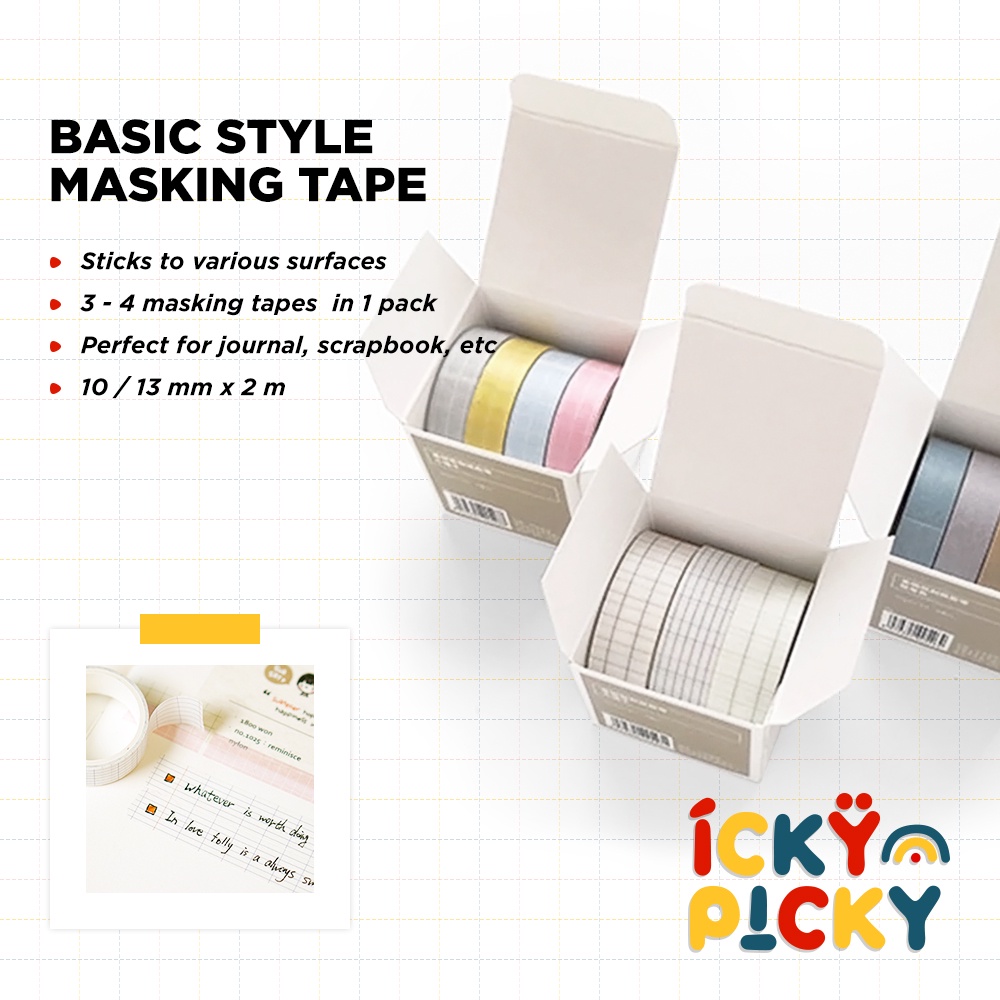 

[ickypicky] Benmu Basic Style Washi Masking Tape 13 - 10 mm x 2 m (3 - 4 pcs/pack) | 3 - 4 Gulungan Selotip Kertas Set Gaya Dasar