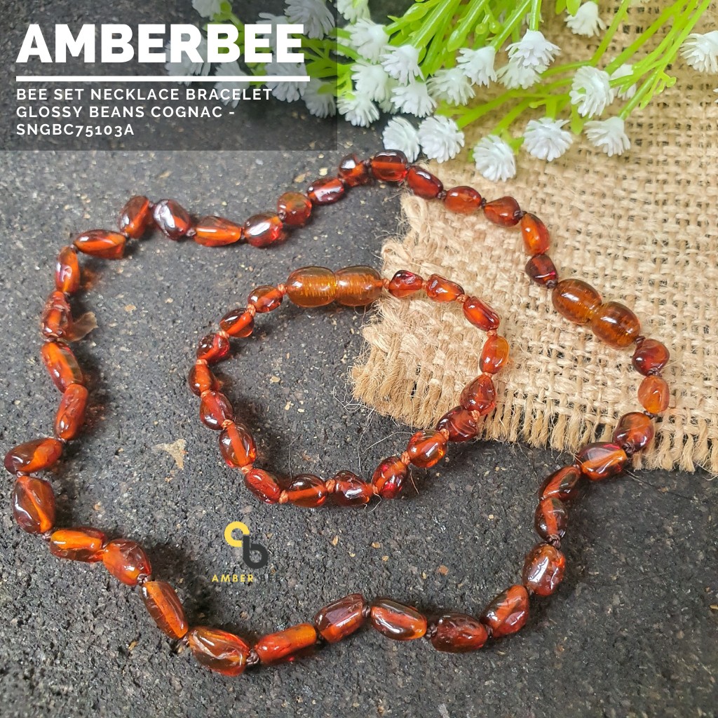 Set Kalung Bayi & Anak Tumbuh Gigi Amber Lithuania Cognac Beans Amber Bee