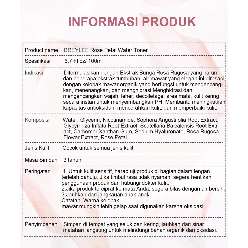 BREYLEE Rose Petal Water Toner Menyegarkan Wajah &amp; Leher 100 &amp; 200 ml