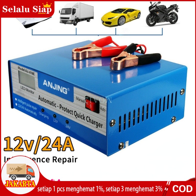 Charger Aki Mobil Lead Acid Smart Battery Charger 12V/24V 10A-105AH - 10A 130W Charger Aki Accu MobilLCD - AJ-618E