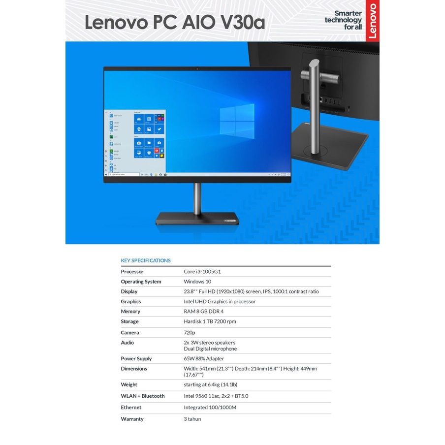 PC AIO Lenovo V30a i3 1005/8/Hdd1TB/23,8&quot;FHD/Win10 - PC All In One i3 Garansi Resmi