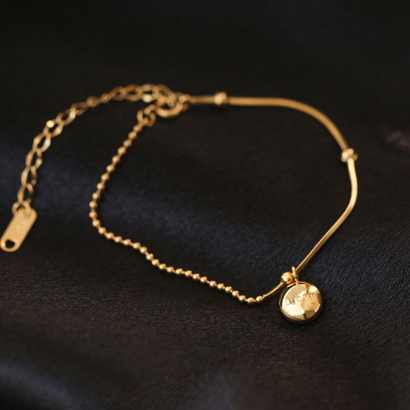 338# Gelang Rantai tipis Wanita titanium lapis emas 18k model Liontin Kecil Gold