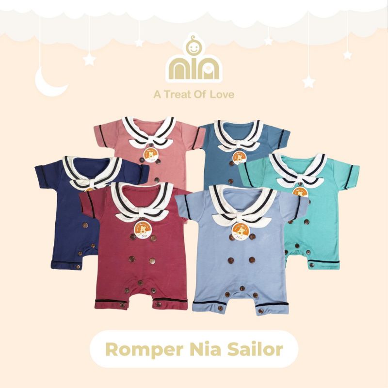 NIA Romper Bayi Unisex Nia Sailor Warna Polos 0-6 Bulan Merk Nia