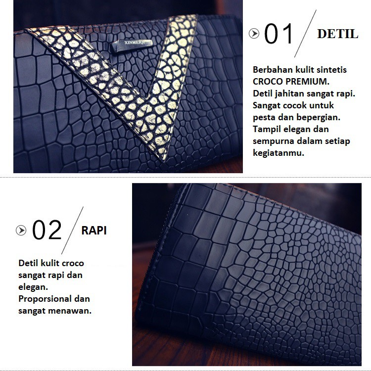 DOMPET WANITA PESTA HITAM PANJANG KULIT CORRA WA029B5 CROCO MEWAH PARIS FASHION IMPORT PREMIUM KOREA